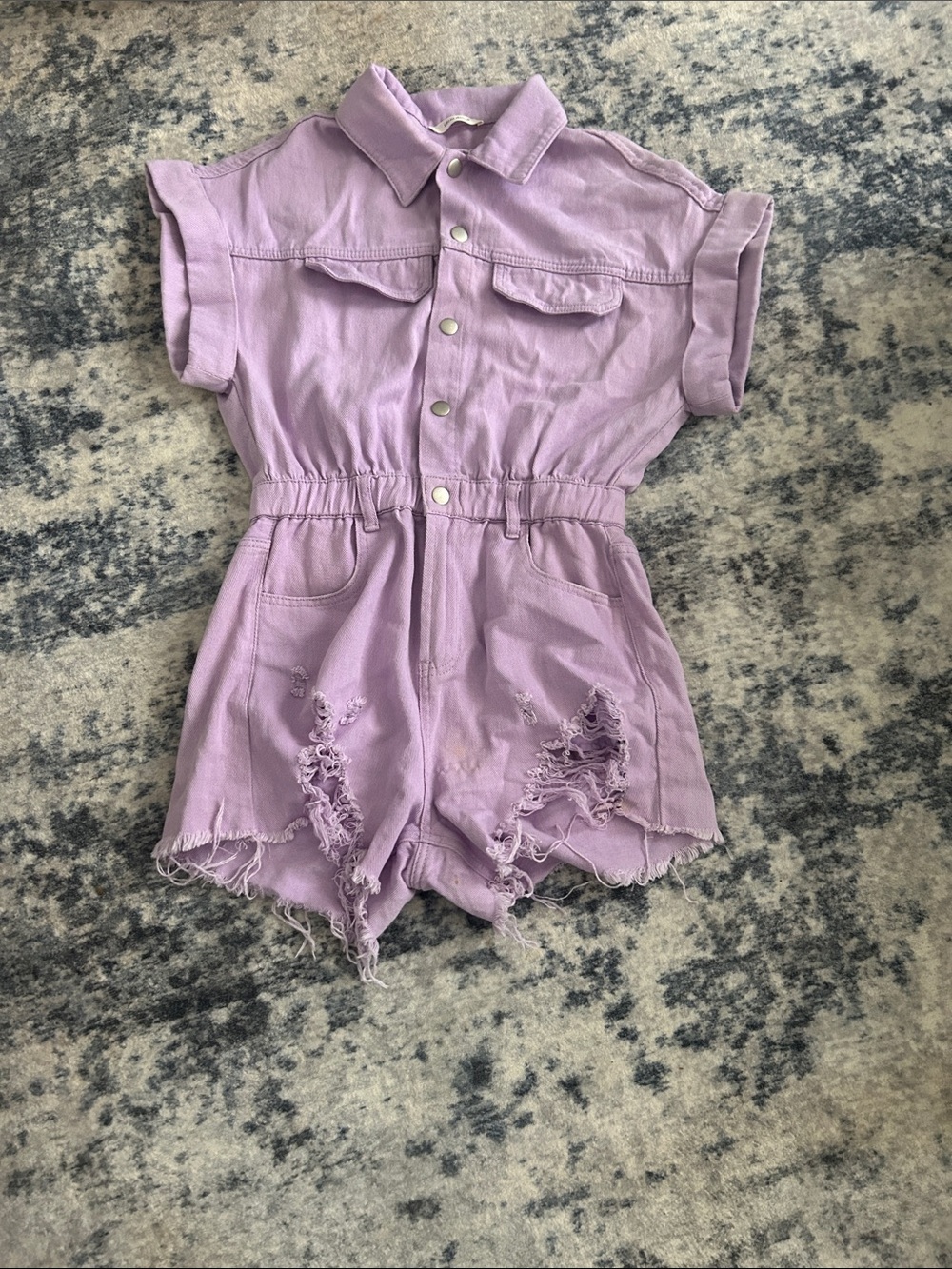 Lilac Distressed Denim Romper - Kids Jumpsuit